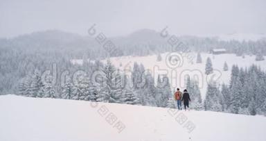雪山森林奇观两位游客远行雪原